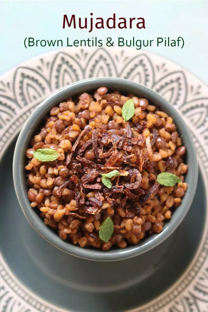 Mujadara, a traditional Middle Eastern Pilaf with Brown or Green Lentils, Caramalised onions and Bulgur.