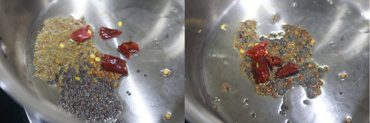 Tempering on fenugreek seeds, mustard seeds, cumin seeds, and red chilli.
