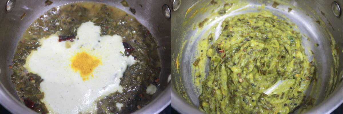 The ground dal-rice paste mixed into the cooked Chukka Kura.