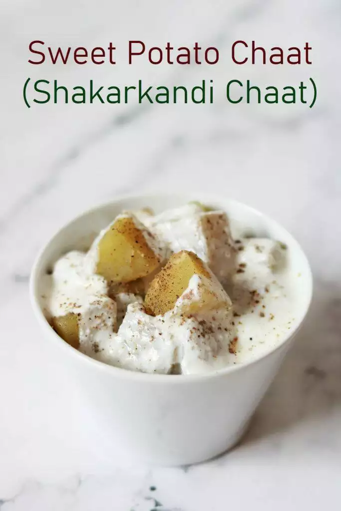 Sweet Potato Chaat | Shakarkandi Chaat: Boiled sweet potato with topped with yogurt and flavoured with Himalayan Pink Salt, Pepper and Roasted Cumin