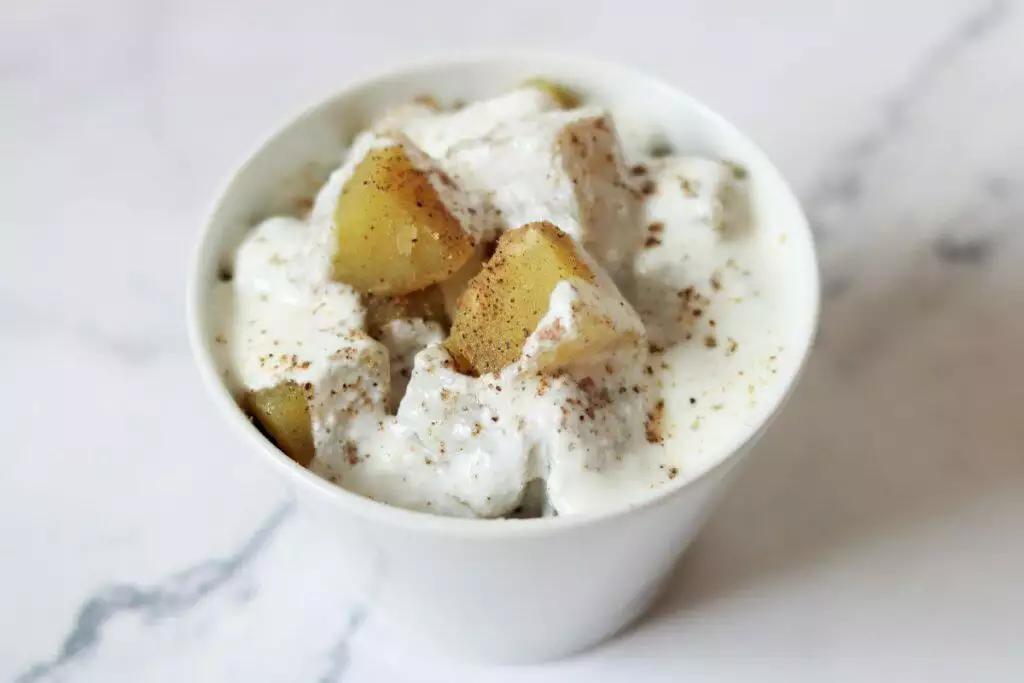 Sweet Potato Chaat:  Boiled, peeled & cubed sweet potato topped with dahi, sendha namak, and cumin powder