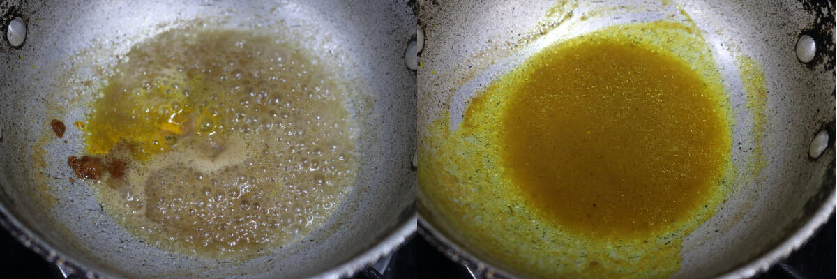 Jaggery and turmeric added to the reduced tamarind water.