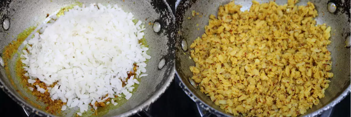 Poha mixed into the tamarind-coconut base