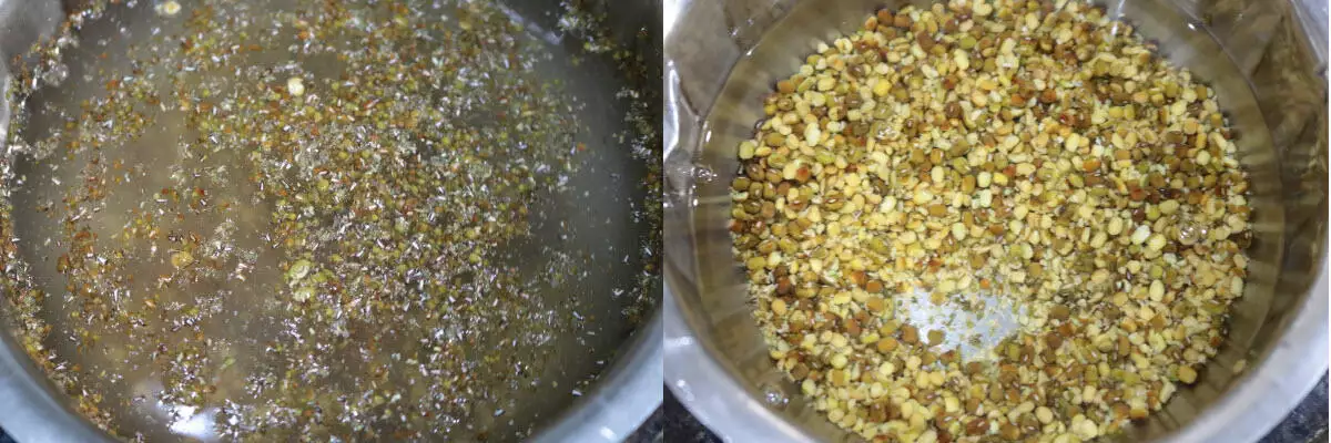 Roasted and crushed mung bean washed till water runs clear