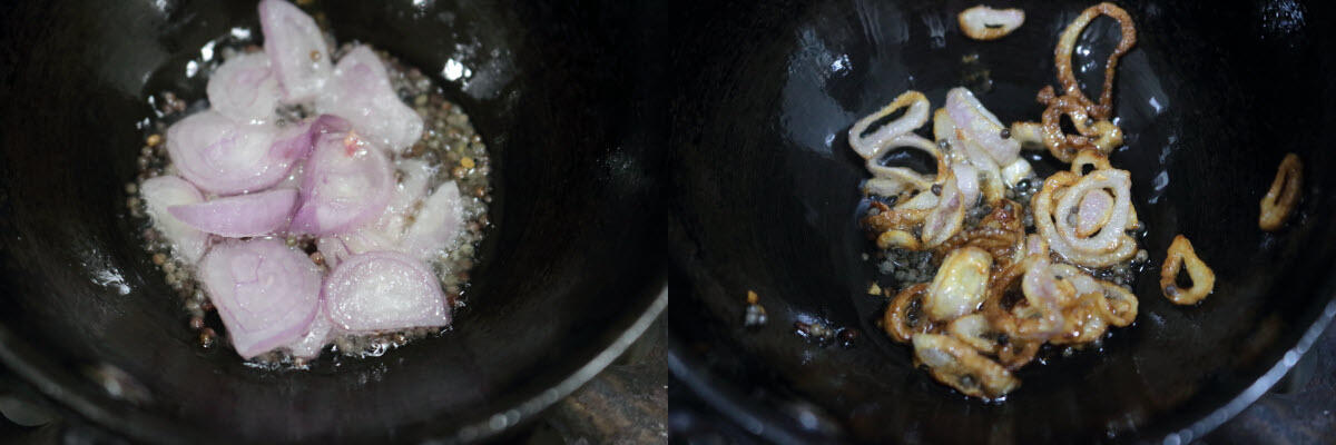 Sliced shallots fried till they are golden brown.