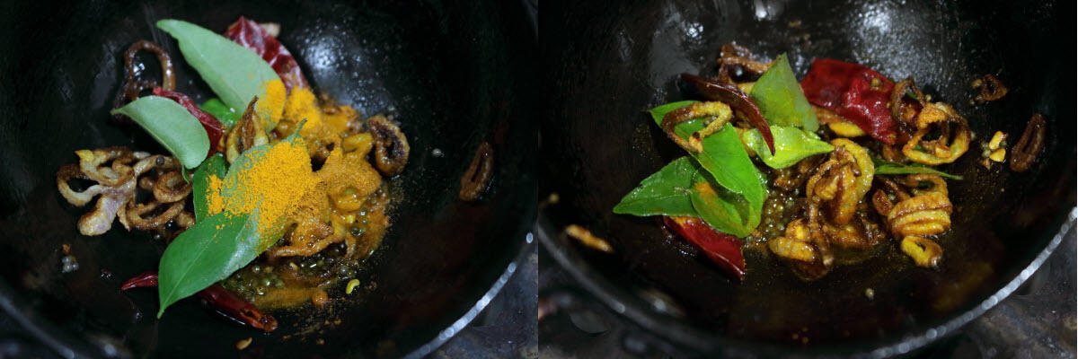 Red chillies, curry leaves and turmeric added to the tempering.