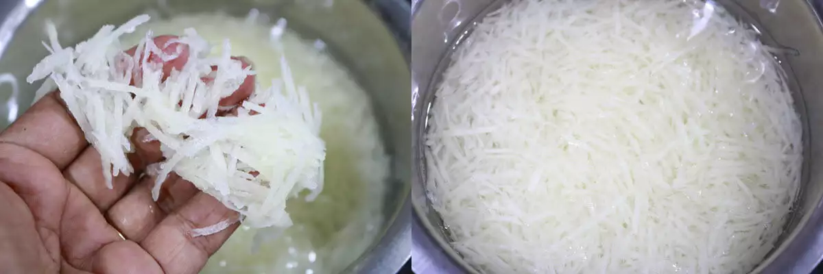 Grated potato submerged in water.