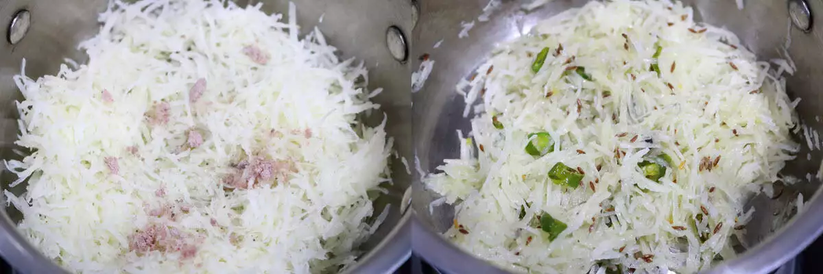 Grated potato, sendha namak and a pinch of sugar mixed into the ghee-cumin-green chilli tempering.