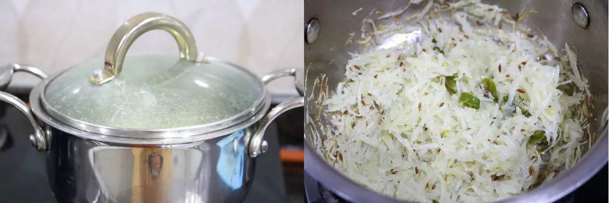 Grated potatoes cooked covered till they soften.