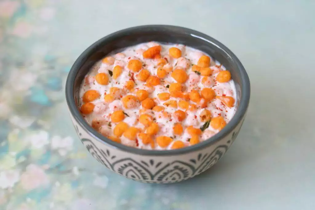 Boondi Raita, spicy deep-fried chickpea flour balls in flavoured yogurt.