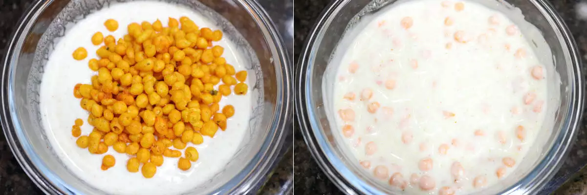 Mix boondi into the flavoured and well-beaten dahi. 