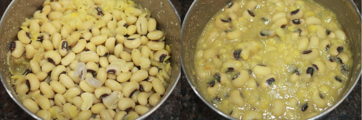Cooked and muddled black-eyed peas and tuvar dal.