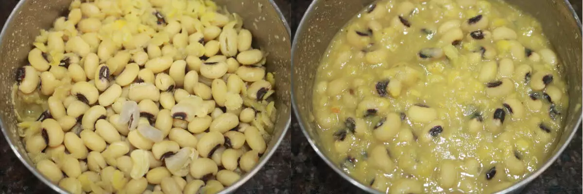 Cooked and muddled black-eyed peas and tuvar dal.