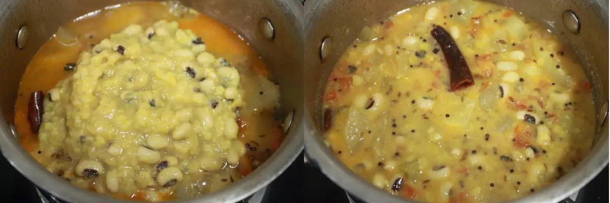 The cooked black-eyed peas and tuvar dal mixed with the cooked Ash Gourd.