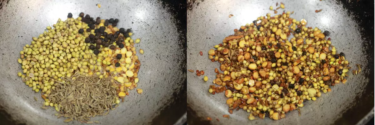 Coriander seeds, cumin seeds and pepper corns fried with the dals.