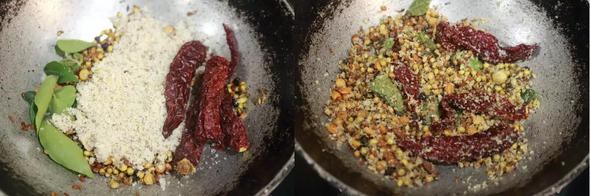 The dessicated coconut, red chillies and curry leaves fried with the masala ingredients.