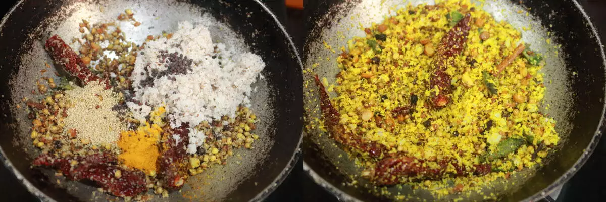 The grated fresh coconut, hing and turmeric mixed into the masala ingredients.