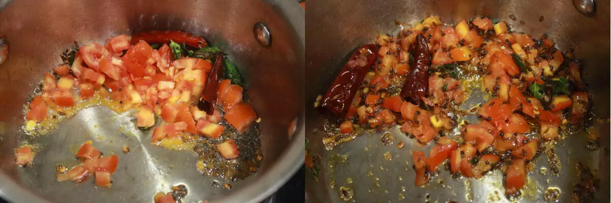 Tomatoes stir-fried with tempering till they are soft.