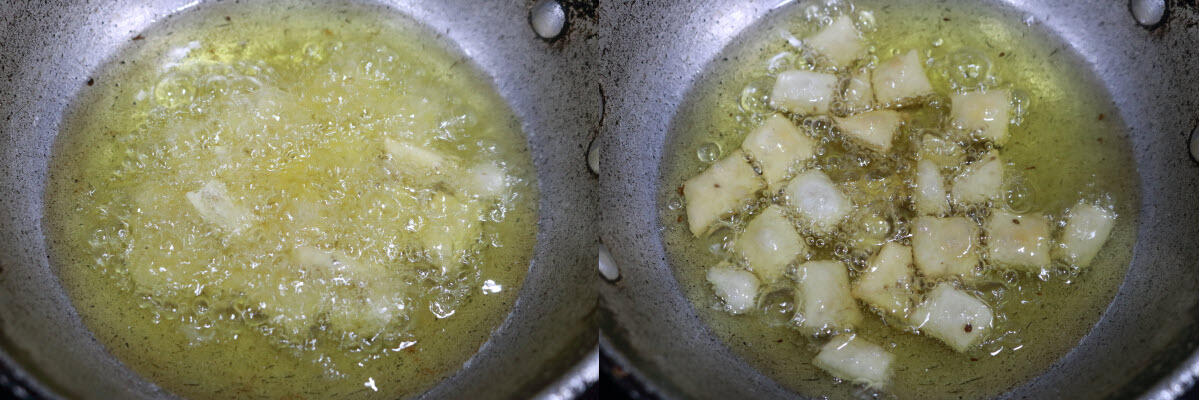 The Namak Para frying in oil.