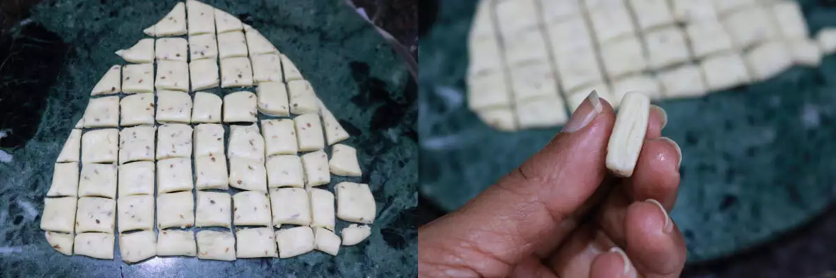 Cutting the dough to small squares or diamond shapes.