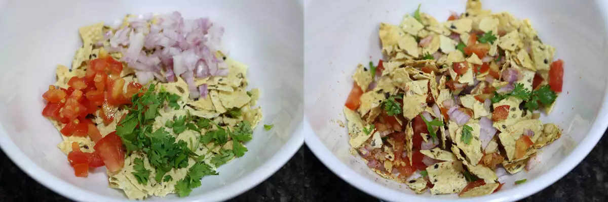 Mix the roasted crushed papad, tomatoes, onions, and coriander.