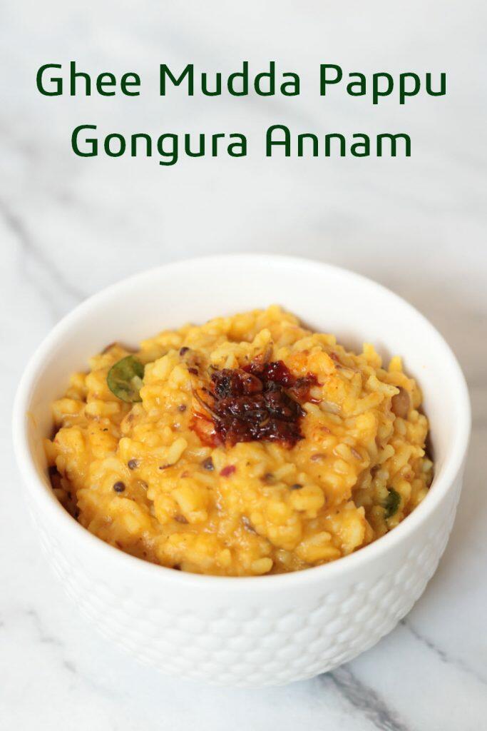 Ghee Mudda Pappu Gongura Annam from Andhra Pradesh Gongura Pachadi mixed into plain dal rice and topped with ghee.