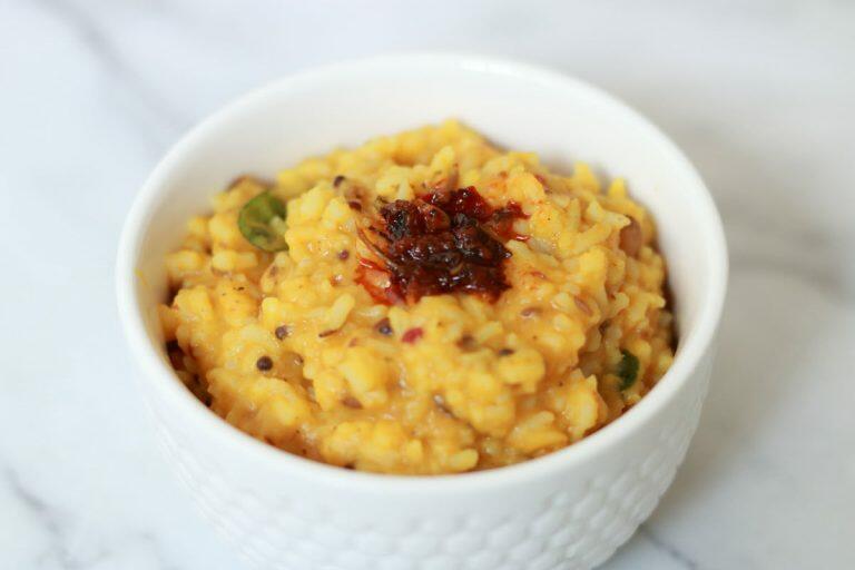 The Andhra Ghee Mudda Pappu Gongura Rice is a mildly spicy gooey one-dish meal.