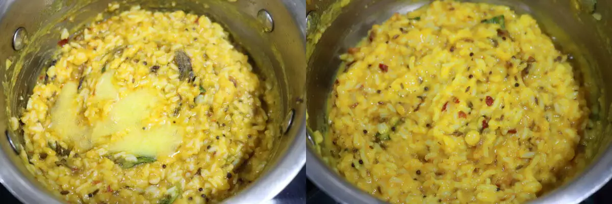 A dollop of ghee mixed into the Ghee Mudda Pappu Gongura Annam 