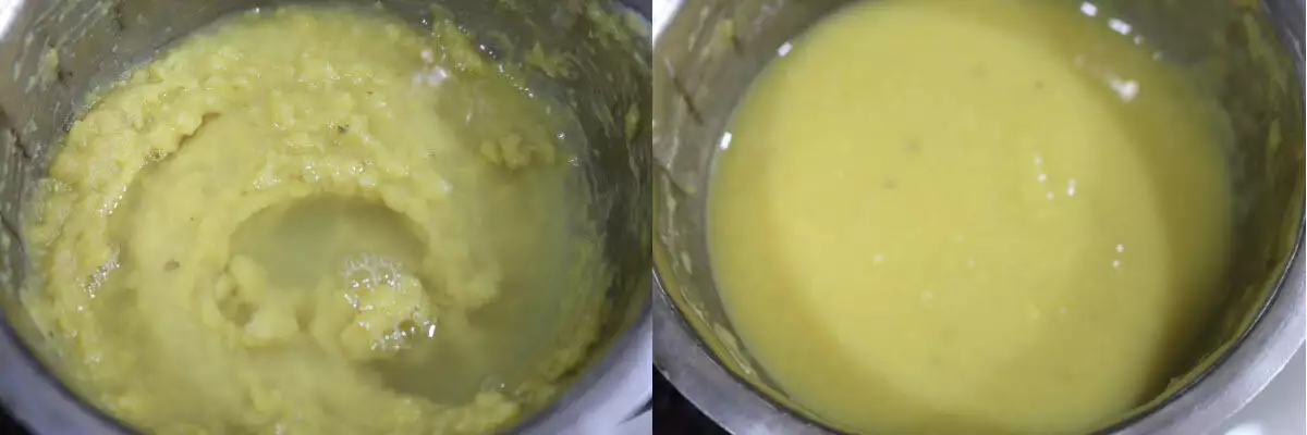 Water added to cooked tuvar dal to make it of thick pouring consistency. 