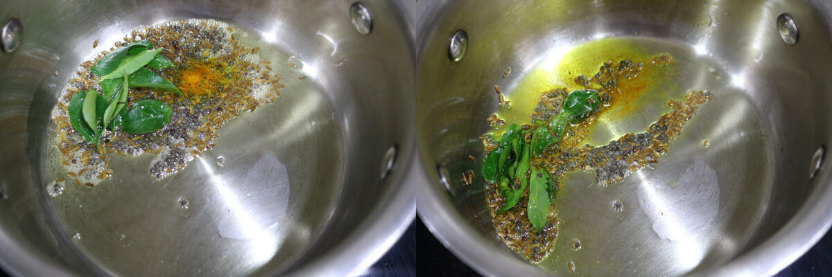 Turmeric and curry leaves added to the tempering